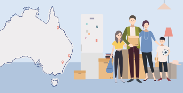 Image of Australia and a family packed up ready to move